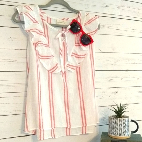 Universal Thread Red White Linen Stripe Ruffle Cropped Sleeveless Shirt‎ Medium - Picture 4 of 6
